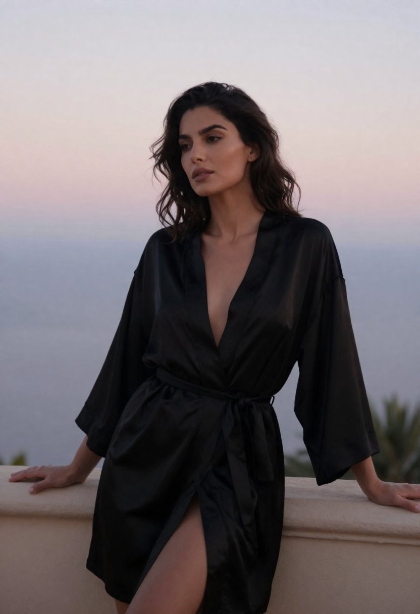 Balcony, Silk Robe at Dawn — fictional adult AI art