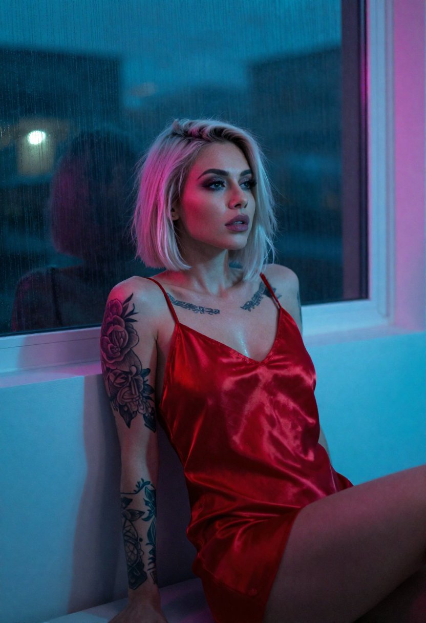 Neon Penthouse, Red Satin — fictional adult AI art