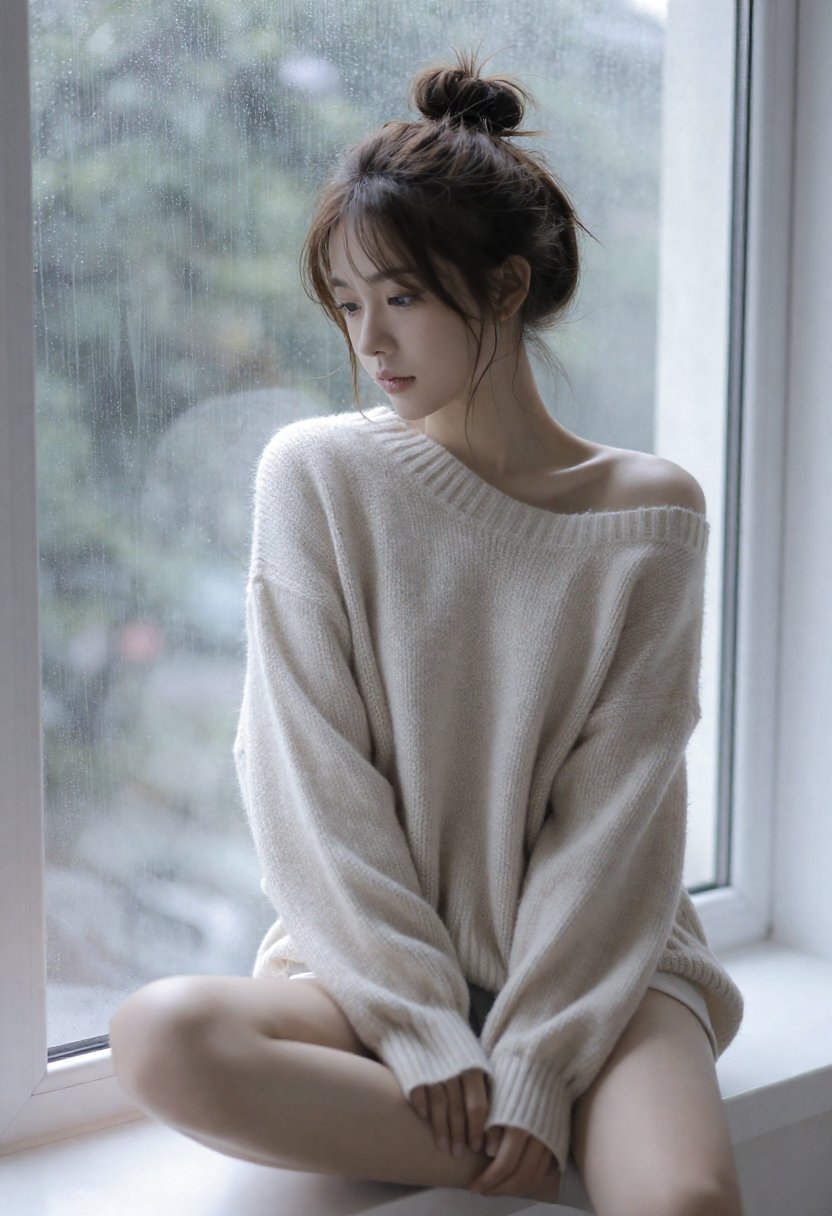 Rain Window, Oversized Sweater — fictional adult AI art